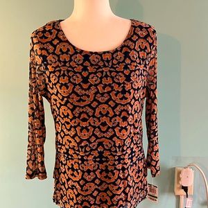 NWT ALFANI Navy/Rust 3/4 Sleeve Tiered Mesh Abstract Pattern Blouse